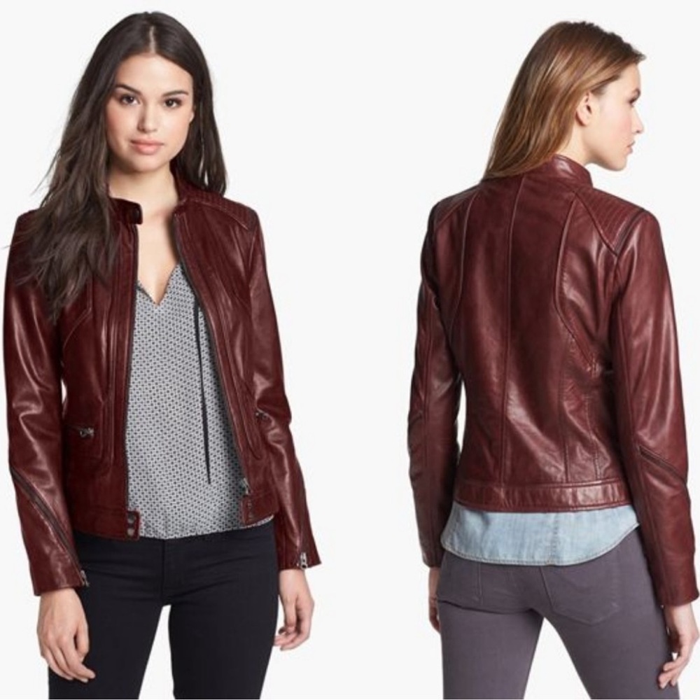 Bernardo Zip Trim Genuine Leather Scuba Jacket Burgundy Front Zip